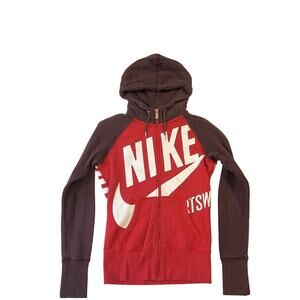 Nike Women Hoodie Jacket S Red Striped Swoosh Activewear Logo Zipper Long Sleeve
